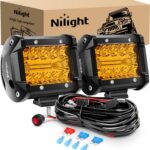 Nilight 2PC 4Inch Amber Led Pods Triple Row 60W Flood Spot Combo Driving Fog Lights with 16AWG Wiring Harness-2 Leads for Offroad Pickup Trucks Jeep ATV UTV SUV, 2 Years Warranty