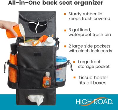 High Road StashAway Large Car Trash Can for Back Seat - Car Garbage Bag With Tissue Holder and Bottle Pockets - Seatback Organizer With 3 Gal Trash Can With Lid for Vans, SUVs and Trucks - Image 2