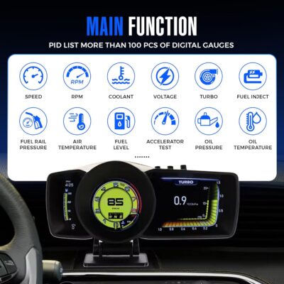 Heads Up Display for Cars – All in One Dashboard Windshield Mount Car Display Screen with 100+ Digital Gauges Includes Temperature, Digital Speedometer, RPM Meter, Fuel – Plug and Play Smart Display - Image 3