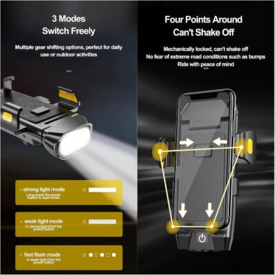 4 in 1 Bike Phone Mount with Light, Bicycle Phone Holder with 500 Lumen LED Headlight,3000mAh USB Charger&130dB Horn,Easy Install for Handlebar,E-Bike,Road & Mountain Bicycle(Black) - Image 3