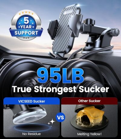 VICSEED 2026 Ultimate Sturdy Car Phone Holder [Upgraded 95+LBS Strongest Suction] Universal Long Arm Cellphone Mount for Car Dashboard Windshield Vent Truck Boat for iPhone 17 16 Pro Max & Android - Image 4