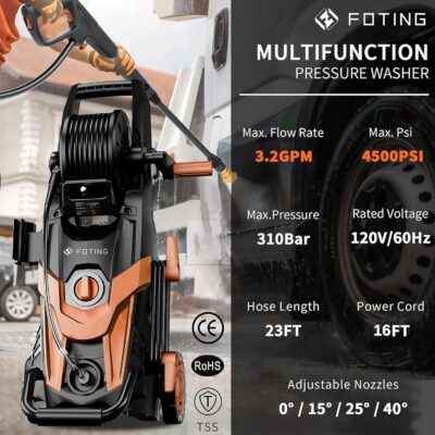 High Power Pressure Washer 4500PSI with 4 Quick Connect Nozzles,Inlet Hose & Filter, Foam Cannon for Cars/Fences/Driveways/Patios/Home,Red - Image 2