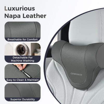 Coverado Car Headrest Pillow, Ergonomic Memory Foam Car Neck Pillow for Driving Seat with Adjustable Strap, Soft PU Leather Breathable Removable Cover Neck Support for Neck Pain Relief - Gray - Image 5