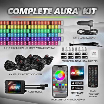 OPT7 Aura Pro 6PC Double LED Interior Strip Lights with APP & Remote Control, Multicolor Mode, Sound Active Inside Ambient Lighting Kit, Truck SUV RV Footwell Floor Decor, 12V Car Charger - Image 8
