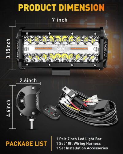 NAOEVO 7 Inch Light Bar, 240W 24,000LM Offroad Fog/Driving Lights LED Pods with 2 Leads Wiring Harness, Spot Flood Combo LED Work Lights for Truck Boat UTV ATV, 2-Pack (White/Amber/White&Amber) - Image 9