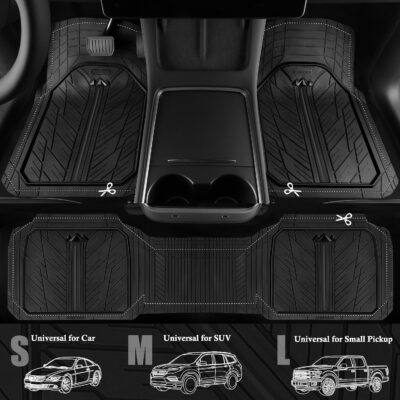 CAR PASS Heavy Rubber Car Floor Mats, Deep Waterproof Car Mats All Weather, Universal Trim-to Fit Automotive Floor Mats for Car SUV Truck Van, Durable Floor Liners Solid Black - Image 4