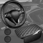 CAR PASS 3D Memory Foam Leather Car Steering Wheel Cover Set, Comfortable Rhombus Leather Center Console Armrest Cushion with Storage Bags Non-Slip 14.5-15in Car Interior Covers Sets, 4 PCS All Black