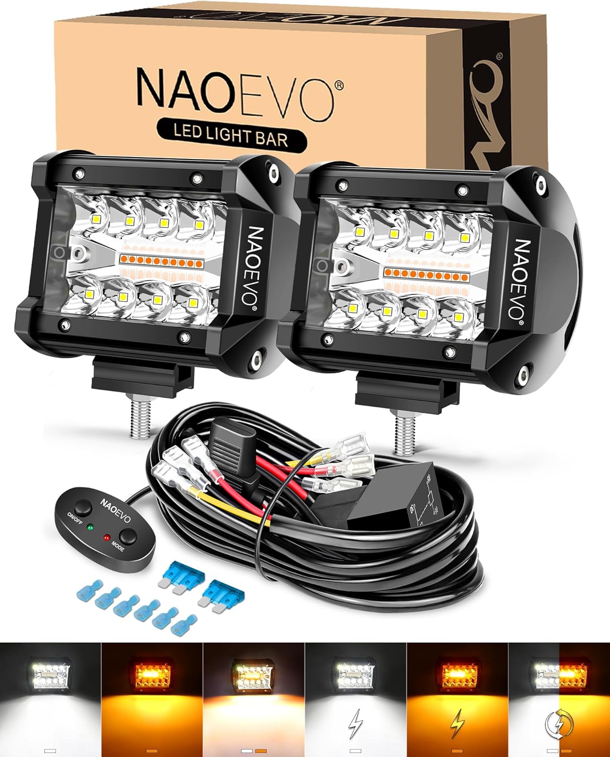 817z4pALWML._AC_SL1500_.jpg NAOEVO 4 Inch LED Pod Lights, White Amber LED Fog/Driving/Offroad Lights Strobe/Memory Mode and 2 Leads Wiring Harness, Cube Pods for Truck Boat ATV UTV, 2 Pcs (6 Modes) - Image 1
