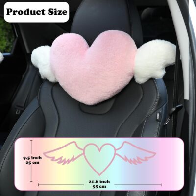 2 Pack Heart Shaped Cute Car Headrest Pillow with Angel Wings - Comfortable Soft Head Rest Cushion Kawaii Car Accessories Neck Pillow for Driving Travelling Office Home Decor - Pink Love Heart - Image 2
