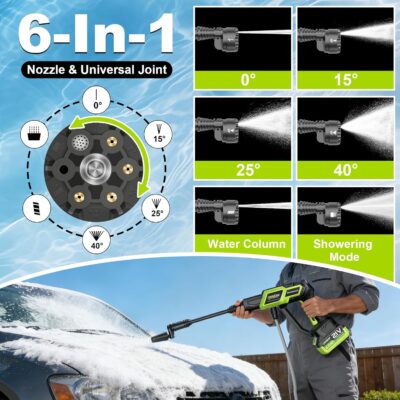 Cordless Pressure Washer 1500PSI 2.6GPM 400W Brushless Motor,Portable Electric Power Washer, 2 Batteries, Fast Charger, 6-in-1 Nozzle, Extension Rod, 16.4FT Hose & Storage Case for Car Home Cleaning - Image 7