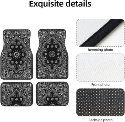 4PCS Paisley Car Floor Mats Anti-Slip Front and Rear Automotive Mats Car Accessories Universal Fit Sedan SUV Van Truck,Black with White - Image 4