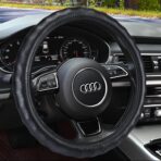 Haokay Heavy Duty Pure Cowhide Steering Wheel Cover, Black Genuine Leather Steering Wheel Cover Men Women Comfort Finger Grips Universal 14.5 to 15 Inch