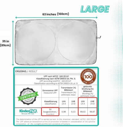 Windshield Sun Shade - Certified 99.87% UVB & 99.02% UVA Protection Car Sun Shade. Award Winning Sunshade for Car Windshield with Patented Technology. Size L 63"x35" Car Window Shades by Kinder Fluff - Image 2