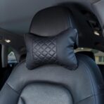 Set of 2 Quilted Faux Leather Car Headrest Pillow, Black Case/Black Threading, Ergonomic Neck Support for Comfortable Driving