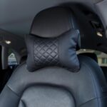 Set of 2 Quilted Faux Leather Car Headrest Pillow, Black Case/Black Threading, Ergonomic Neck Support for Comfortable Driving