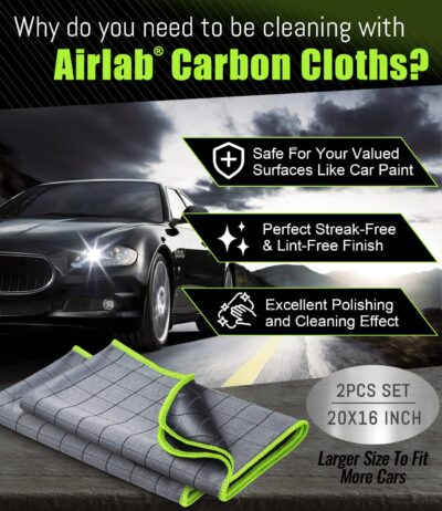 Airlab Carbon Microfiber Towels for Car Glass Window Polishing Cleaning Cloth Auto Detailing Lint Free Streak Free Drying Car Wash Large Towel, Pack of 2, 20" x 16", Grey-Green - Image 2