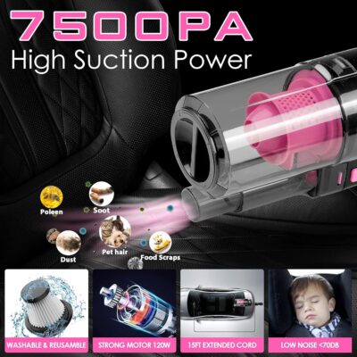 Viewsun 17pcs Car Cleaning Kit, Pink Car Interior Detailing Kit with High Power Handheld Vacuum, Detailing Brush Set, Windshield Cleaner, Cleaning Gel, Complete Auto Accessories for Women Gift - Image 2