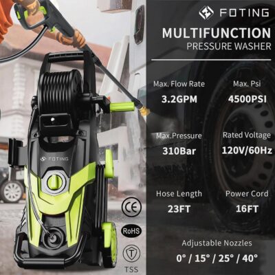 2026NEW Pressure Power Washer 4500PSI with 4 Quick Connect Nozzles, Inlet Hose & Filter, Foam Cannon for Cars/Fences/Driveways/Patios/Home Cleaning, Green - Image 2