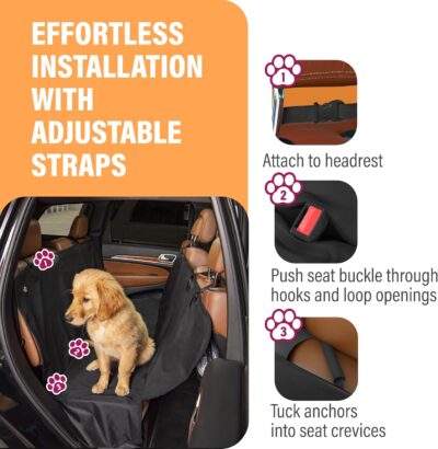 Active Pets Waterproof Hammock Standard Car Seat Cover, Fits Sedans Hatchbacks Crossovers Coupes Compact Vehicles, Secure Convertible Travel Bed Protects Backseat Cargo from Dogs, Black w/Black Trim - Image 3