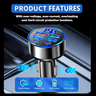 6 Port Fast USB Car Charger (PD+QC3.0),Cigarette Lighter USB Charger with LED Digital Display,Universal Car Charger Adapter Car Accessories Interior for Most 12V/24V Vehicles - Image 4