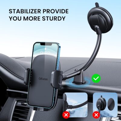 Qifutan Cell Phone Holder for Car Phone Mount Long Arm Dashboard Windshield Car Phone Holder Anti-Shake Stabilizer Phone Car Holder Compatible with All Phone Android Smartphone, Black - Image 2