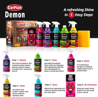 CarPlan Demon Car Wash Kit - 7 Piece Set Includes Car Wash Soap, Wheel Cleaner, Tire Shine, Interior Cleaner, Demon Shine, Air Freshener & Sponge - Image 3