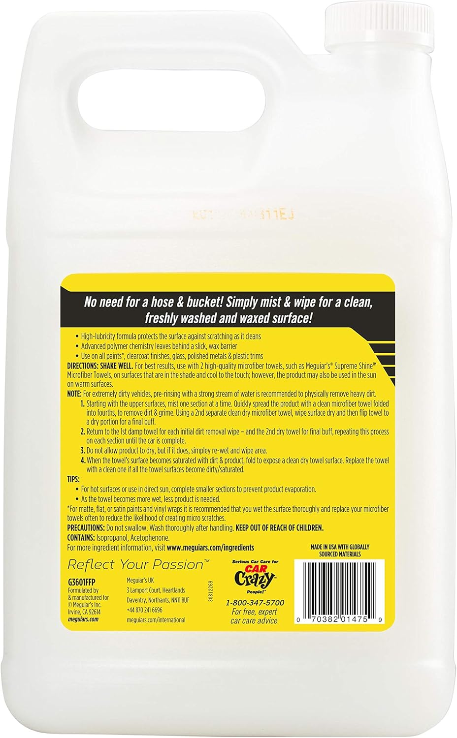 81AprvhkTkL._AC_SL1500_.jpg Meguiar's Ultimate Waterless Wash & Wax, Scratch-Free Waterless Car Cleaning Spray That Makes Detailing Quick and Easy, 2-in-1 Cleaner and Protection to Help Your Ride Shine, 1 Gallon (128 Oz) - Image 1