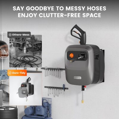 Giraffe Tools Grandfalls Retractable Pressure Washer G20, 2500 PSI 2.2 GPM, 180° Wall Mounted Power Washer, Auto-Retract with 65ft Pressure Hoses, 5 Nozzles for Floor/Cars/Fences/Patios, Dark Silver - Image 4