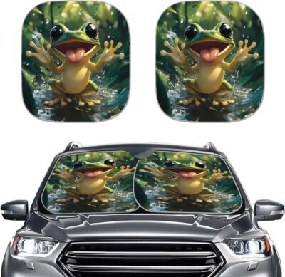 AFPANQZ Frog Print Car Windshield Sun Shade Universal Fit Car Sunshade Sun Visor Two Pieces Set Window Sunscreen Car Accessories Interior Protection UV Heat Reflector Sun Shade - Image 2