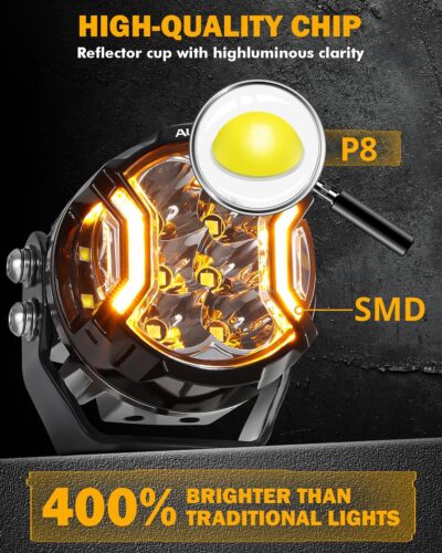Auxbeam 3 Inch Round Driving Lights, 108W Side Shooter Offroad Pod Lights with Amber DRL, 270° Ultra-Wide Ditch Light Hyper Spot Beam Work 3 Modes White Amber Yellow Cube Pod with Covers, Pair - Image 5