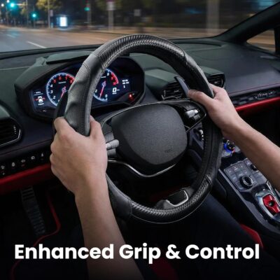 Carbon Fiber Steering Wheel Cover – 15 Inch Universal Fit for Cars & SUVs – Anti-Slip Grip, Breathable Leather Texture, Sporty Carbon Fiber Look – Premium Car Interior Accessories – Black - Image 2