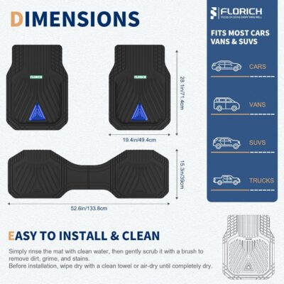 FLORICH Car Floor Mats, Heavy Duty Floor Mats for Cars, 3 Piece All-Weather Floor Mats with Anti-Slip Backing, Universal Trim-to-Fit, Waterproof Automotive Floor Mat for Cars Trucks SUV (Blue) - Image 2