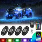 4 Pods RGB LED Rock Lights for ATV UTV Golf Cart Truck RZR Offroad SUV, Waterproof Multicolor Underglow Kit for Cars with APP Music Mode, Vehicle Accent Underbody Light Underneath 12V