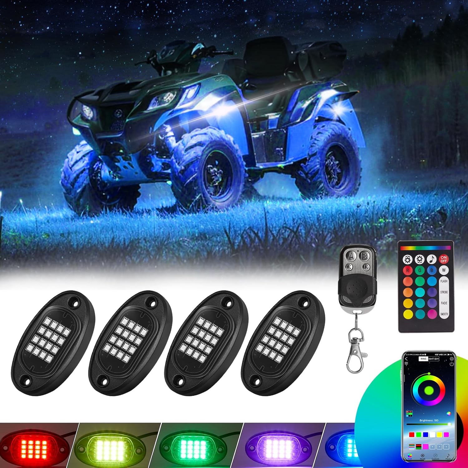 81BKaqyQPL._AC_SL1500_.jpg 4 Pods RGB LED Rock Lights for ATV UTV Golf Cart Truck RZR Offroad SUV, Waterproof Multicolor Underglow Kit for Cars with APP Music Mode, Vehicle Accent Underbody Light Underneath 12V - Image 1