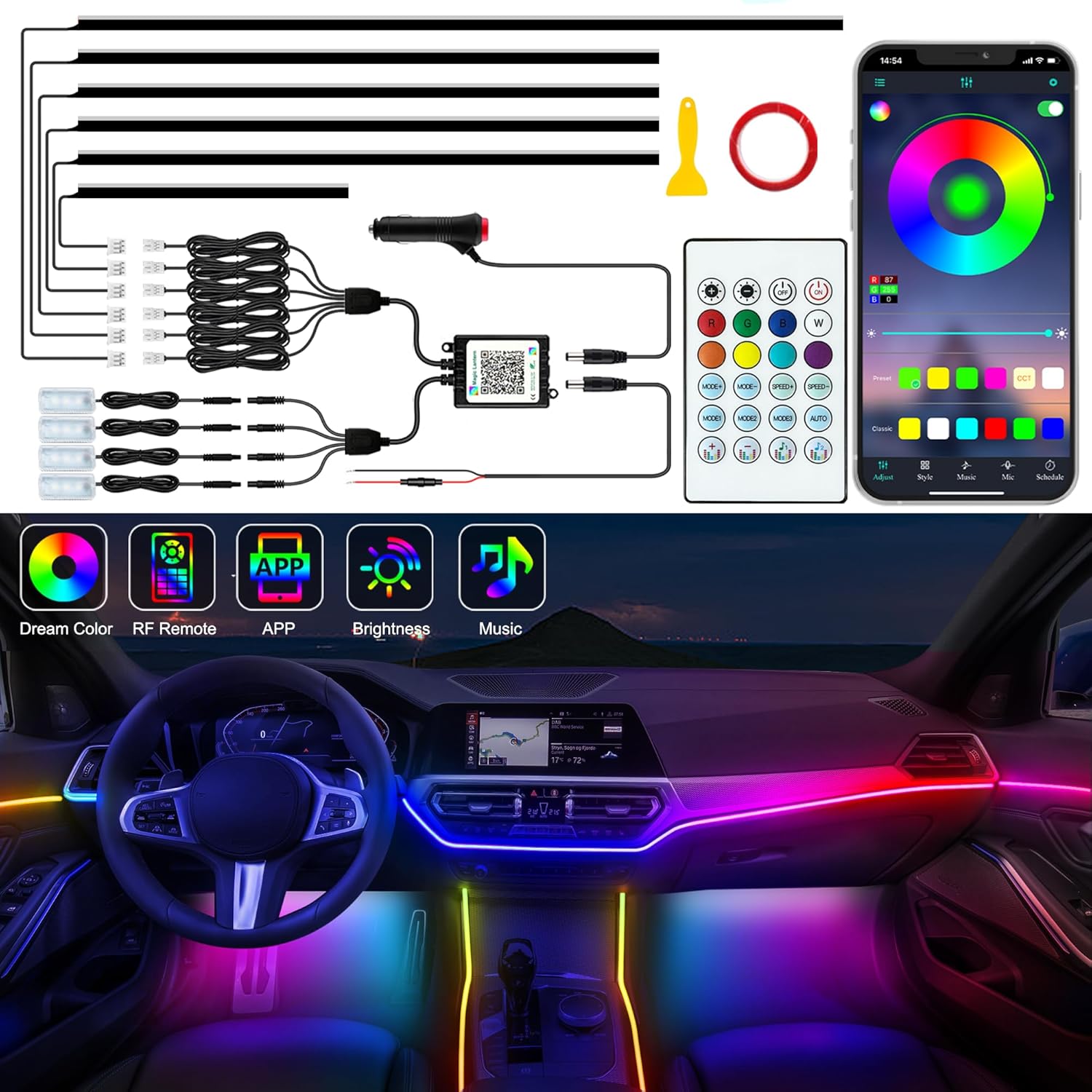81BYaMcIjhL._AC_SL1500_.jpg Interior Car LED Strip Lights, Acrylic LED Lights for Car with Dynamic Dreamcolor Chasing, Ambient Lighting Kits Music Sync Wireless APP and RF Remote Control (10 in 1) - Image 1