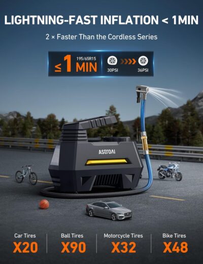 AstroAI Tire Inflator Portable Air Compressor Air Pump for Car Tires-Car Accessories, 9.8Ft Cord-12V DC-Powered Auto Pump with Digital Pressure Gauge, Emergency LED Light for Bicycle, Balloons, Yellow - Image 3