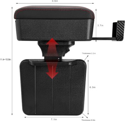 Car Armrest Storage Box with Cup Holder, Adjustable Leather Auto Seat Gap Filler Armrest Extender Pad, Liftable Forearm Wrist Support Center Console Storage Case for SUV Truck (Black & Red) - Image 2