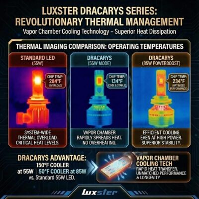 LUXSTER | Dracarys 100000LM H11 H9 LED Bulbs with Vapor Chamber Cooling, 55W/85W Dual Power Mode, CANBUS Ready, H8 H16 Fog Lights, 6500K Xenon White, 2 Pack - Image 6