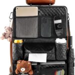 Car Seat Organizer with Foldable Table Tray - 11 Storage Pockets PU Leather Backseat Organizer with Tablet Holder, Seat Back Protector Kick Mat for Kids Family Road Trip Accessories (Black)