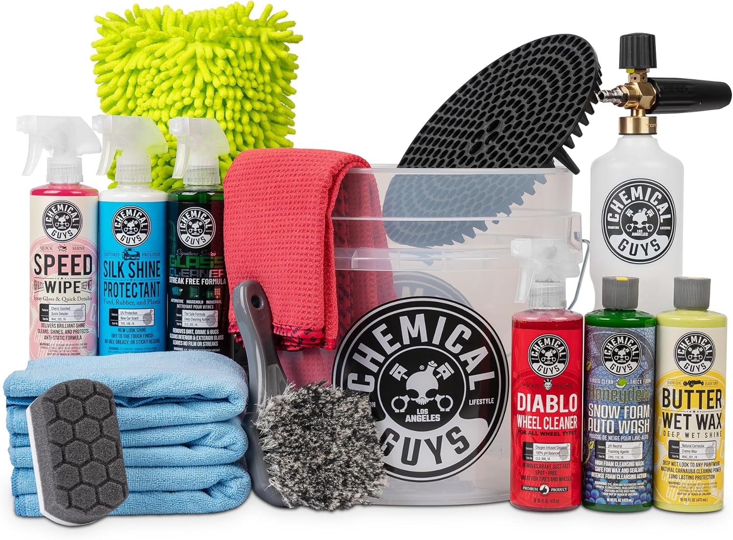 81C8-yYjCNL._AC_SL1500_.jpg Chemical Guys 16-Piece Arsenal Builder Car Wash Kit with Foam Cannon, Bucket, and 6 x 16 oz Care Chemicals - Car Detailing Kit Works with Pressure Washers, Trucks, SUVs, Motorcycles, and More - Image 1