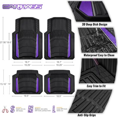 CAR PASS Heavy Rubber Car Floor Mats, Deep Waterproof Car Floor Mats All Weather, Aluminum Film Universal Trim to Fit for Cars SUV Trucks Sedans, Anti-Slip, Black Purple Metallic - Image 3