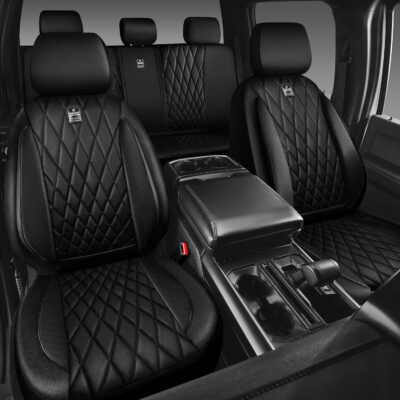 CAR PASS 5 Seats Piping Luxury Faux Leather Seat Covers Full Set, Anti-Slip Waterproof Seat Covers Compatible with Front Armrests, Universal Fit for Suvs,Vans,Trucks,Airbag Compatible, Pure Black - Image 5