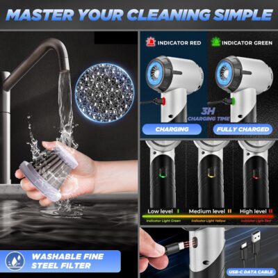 Saker Handheld Car Vacuum Portable Cordless17000PA Mini Air Duster Blower Rechargeable Foldable Vacuum Cleaner with Brushless Motor for Home, Office Pet HL132 Black - Image 4