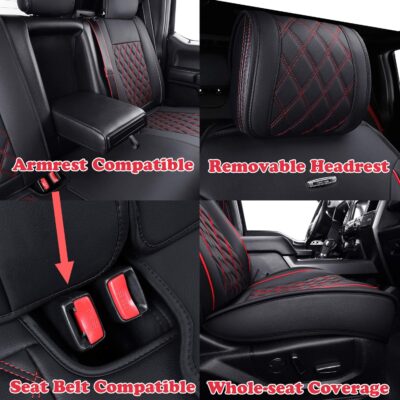 Aierxuan Full Set Car Seat Covers Custom Fit 2009-2026 Ford F150 Crew Cab, 2017-2026 F250 F350 F450 Super Duty Pick-up Truck, Automotive Vehicle Cushion Cover with Waterproof Leather (Black and Red) - Image 5