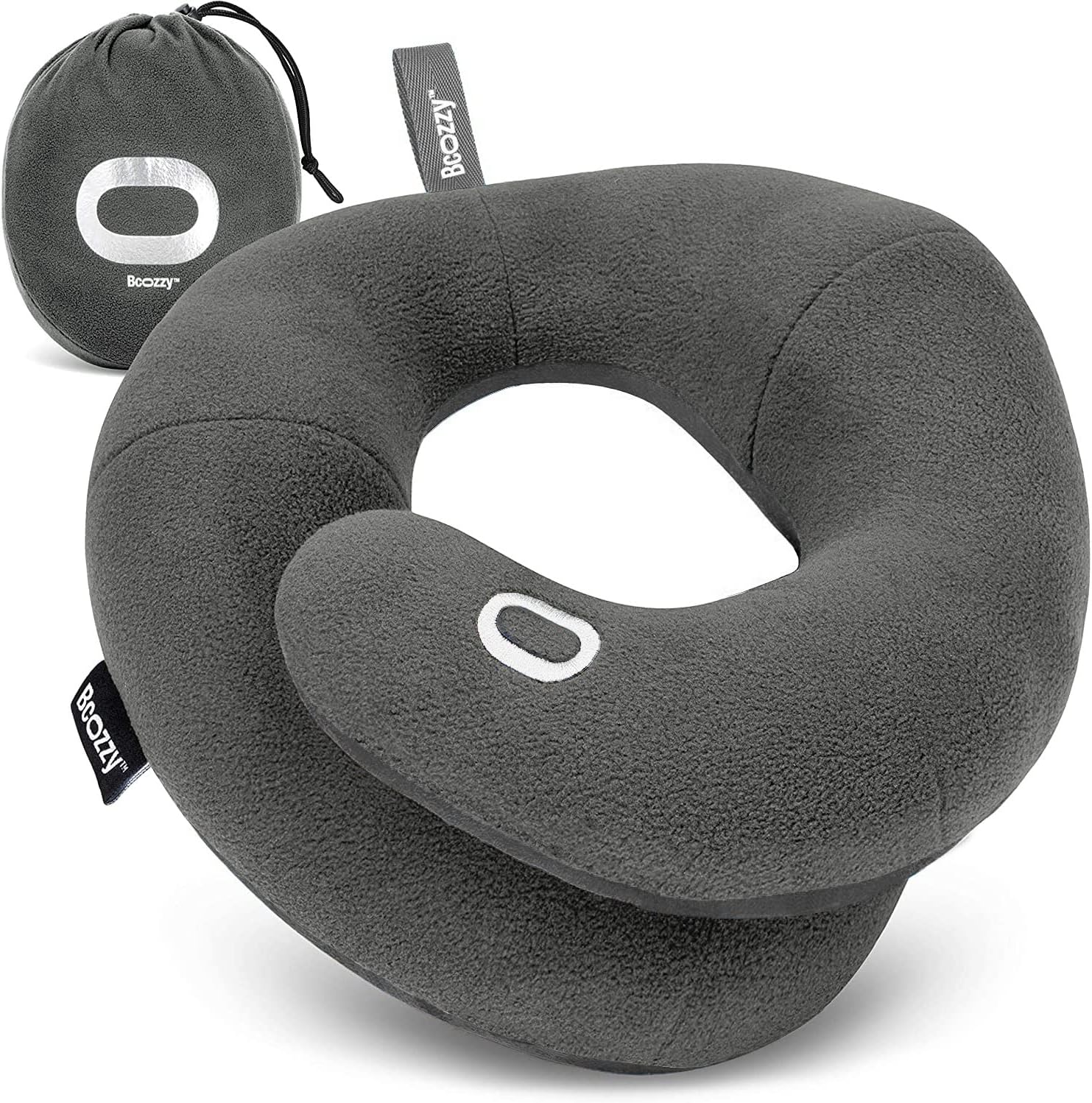 81ClzMBlz5L._AC_SL1500_.jpg BCOZZY Travel Neck Pillow for Airplane – Patented Double Support for Head, Neck, and Chin. Best for Long Flights, Plane Sleeping, and Car Rides. Adjustable Size. Fully Washable. Carry Bag. Large, Gray - Image 1