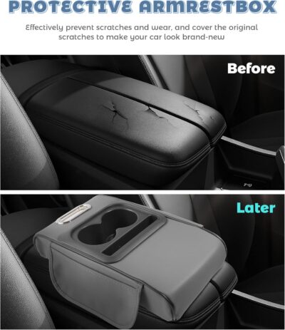 Car Armrest Storage Box,Car Accessories Console Organizers and Storage,Universal Waterproof Leather Console Cover with Cup Holder and Phone Holder,Suitable for Most Cars (Normal, Gray) - Image 4