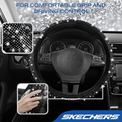 Skechers Women’s Bling Steering Wheel Cover, Velvet with Sparkly Crystal Rhinestones, Stylish Car Interior Gift, Universal Fit 14" 1/2-15" for Cars, SUVs, Trucks, Black Diamond - Image 5