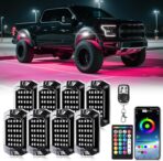 8 Pods Full Angle RGB LED Rock Lights for Truck Jeeps ATV UTV RZR Offroad Golf Cart SXS, Waterproof Multicolor Neon Underglow Kit with Bluetooth APP/RF Remote, 12Volt Underbody Lights