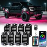 8 Pods Full Angle RGB LED Rock Lights for Truck Jeeps ATV UTV RZR Offroad Golf Cart SXS, Waterproof Multicolor Neon Underglow Kit with Bluetooth APP/RF Remote, 12Volt Underbody Lights