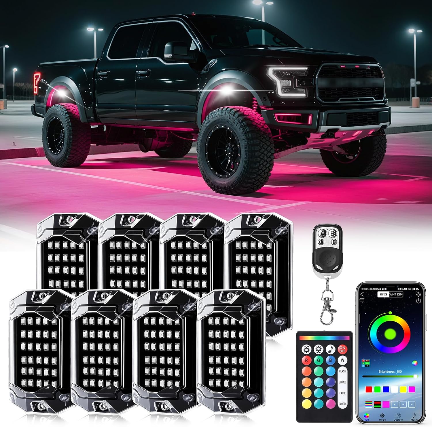 81DIHFJ1rdL._AC_SL1500_.jpg 8 Pods Full Angle RGB LED Rock Lights for Truck Jeeps ATV UTV RZR Offroad Golf Cart SXS, Waterproof Multicolor Neon Underglow Kit with Bluetooth APP/RF Remote, 12Volt Underbody Lights - Image 1